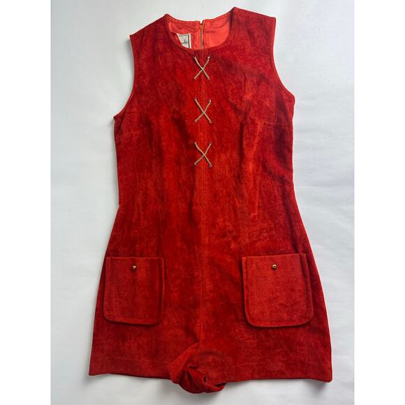 Vintage 60s Mod Go Go Red Orange Suede Romper Playsuit Size Small Medium - Picture 14 of 16